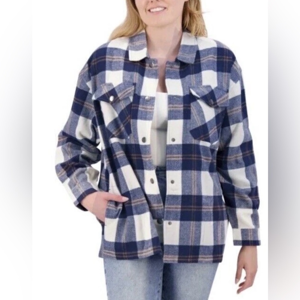 HFX Layering Shacket Womens Large Blue Plaid Flannel Jacket Snap Front EUC
